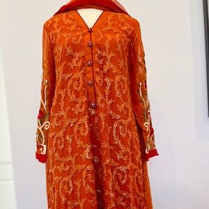 Pakistani/Indian 3-piece warm orange shalwar kameez set